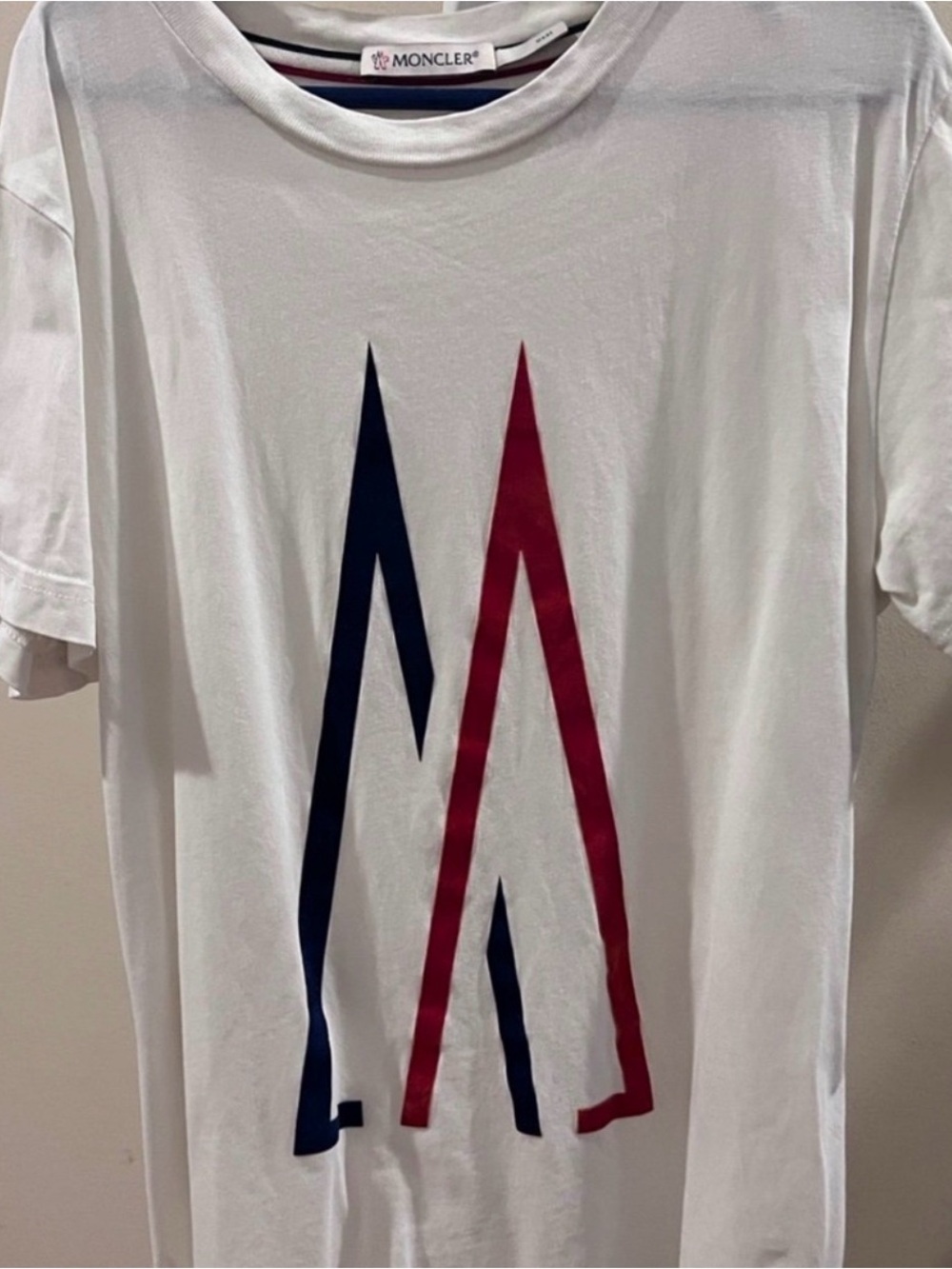 Moncler White Tee with Navy and Red Graphic Peaks